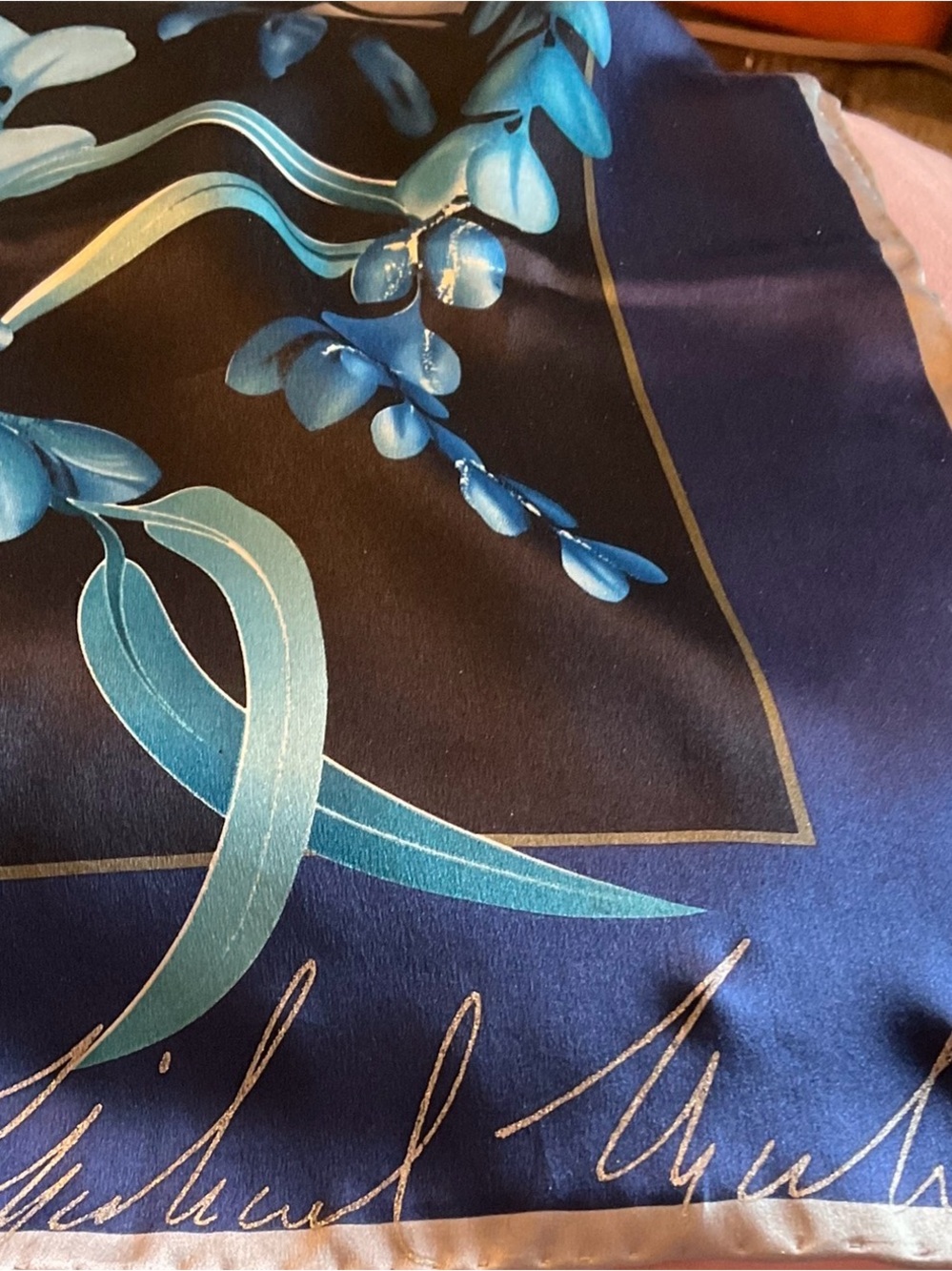 Michael Michaud Silk Scarf Shawl Blue Floral Oversized Elegant Wrap 70x34 - Picture 4 of 5